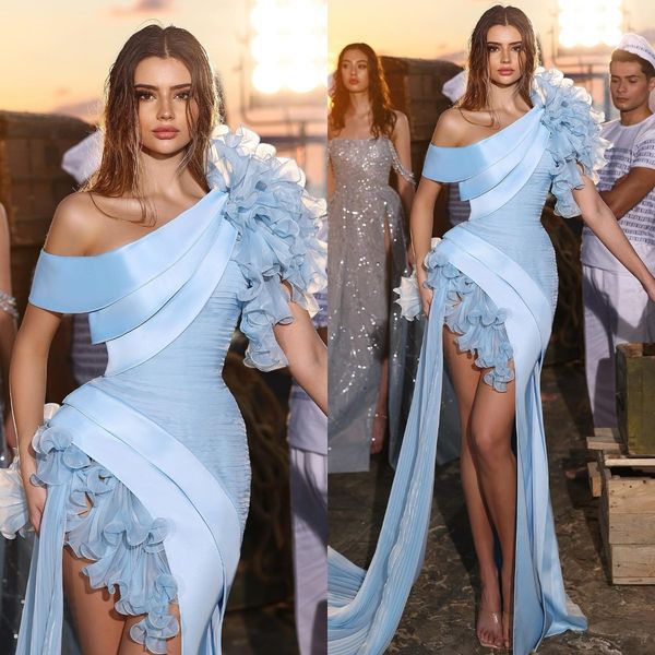 

elegant sky blue evening dresses satin off shoulder ruffle pleats formal party prom dress split long dresses for special occasion, Black;red