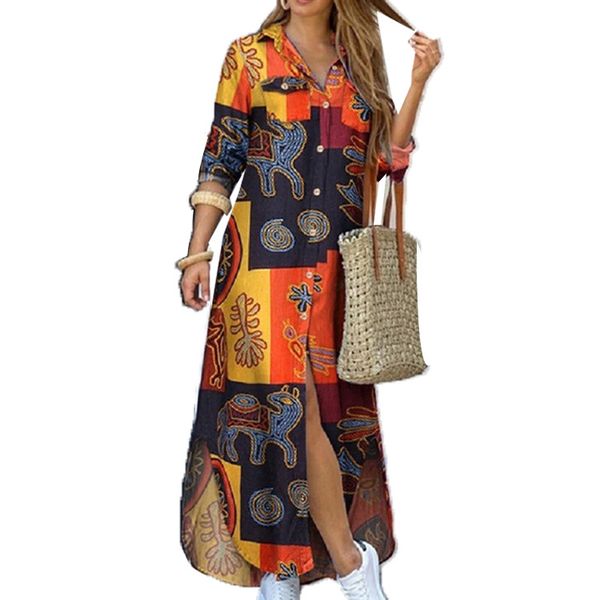 

new women's clothing europe and the united states spring and autumn fashion single-breasted shirt long skirt loose lapel dress x0521, Black;gray