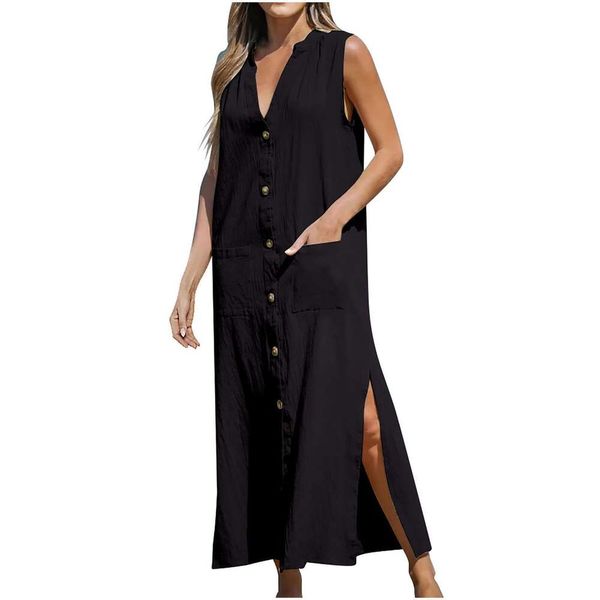 

womens sleeveless cotton linen single breasted loose v neck dress, Black;gray