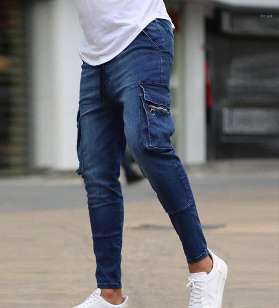 

uefezo men jeans hip hop cool streetwear biker pencil pants multi pocket black skinny denim jeans 2020 streetwear men trousers14419710, Blue