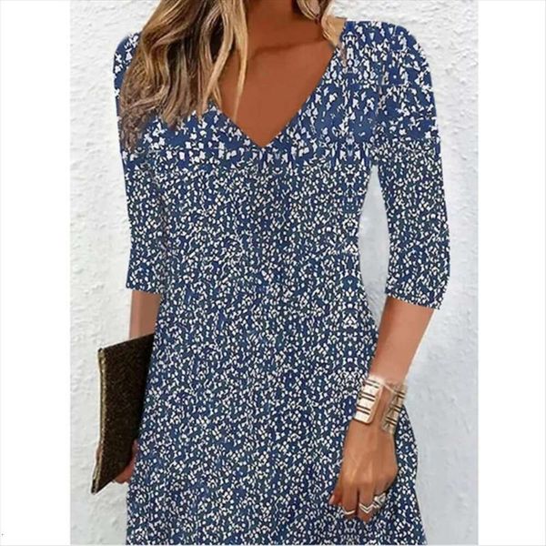 

autumn print mid sleeves v neck length dress for women, Black;gray