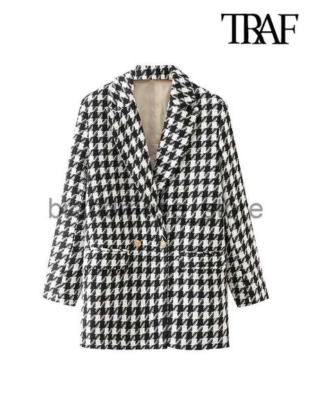 

women's jackets traf women fashion houndstooth tweed blazer coat vintage long sleeve flap pockets female outerwear chic veste femme j23, Black;brown