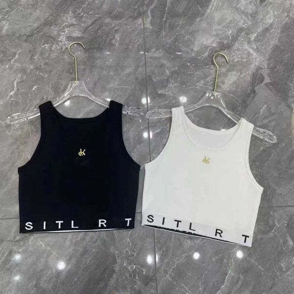 

luxury brand knitted vest slp embroidery short sleeve t shirt letter jacquard sweater womens slim tank r crop top, White