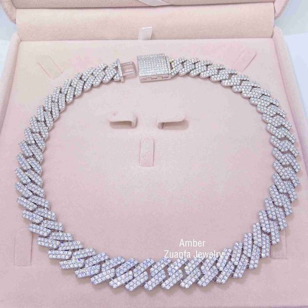 

fresh iced out jewelry 15mm curb chain prong set vvs1 diamond moissanite 925 cuban link chain wholesale, Silver