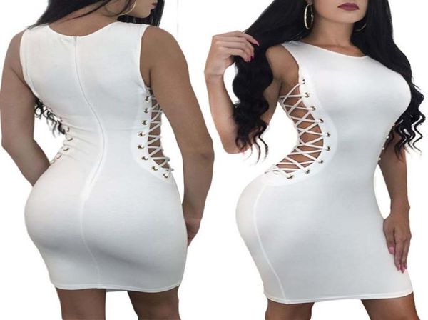 

white women mini dress sleeveless bodycon side hollow out lace up dress nightclub party dress sxl1809957, White;black
