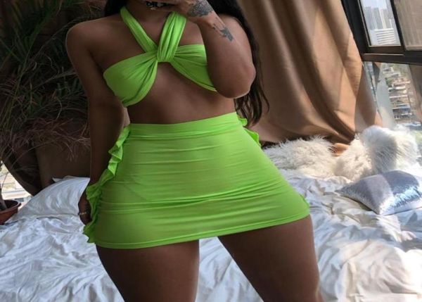 

kgfigu 2020 new arrival solid color suspender wrapped chest bikini tight lifting hip mini skirt suit2333796, White