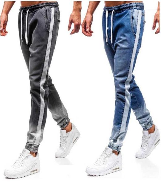 

men039s jeans mens dye skinny stretch distressed ripped freyed denim trousers cool streetwear drawstring side striped pants12216945, Blue