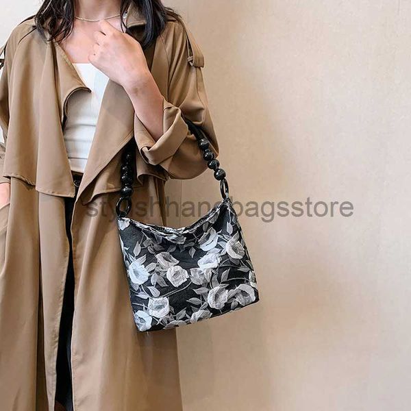 

shoulder 2023 summer brown jacquard underarm ins new chinese wooden bead woven chain one bucket for womenstylishhandbagsstorestylishhandbags