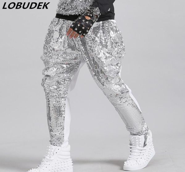 

tide male silver sequins harem pants bar stage singer dancer hip hop rock performance casual loose trousers trouper street dance s1282787, Black