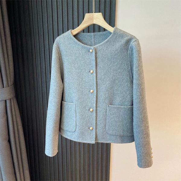 

women's wool & blends mulberry silk wool rabbit hair winter windbreaker business attire overcoat short suit matching letter brooch doub, Black