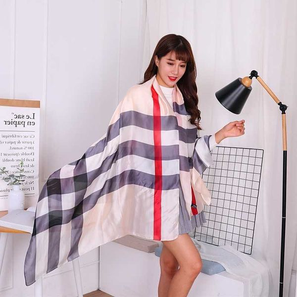 

casual brand b urbbery scarf online shop classic plaid new silk satin imitation scarf versatile sunscreen shawl print beach, Blue;gray