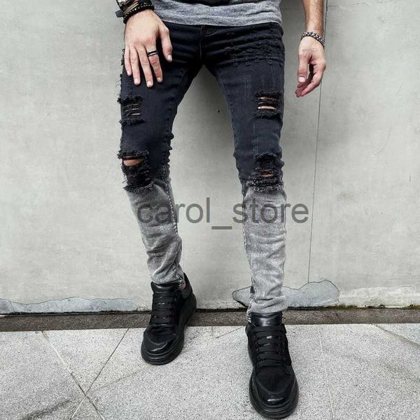 

men's jeans casual denim jeans men slim zipper black hole painted white stretch pencil pants ripped jeans for men straight full length, Blue