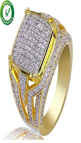 

hip hop jewelry diamond ring mens luxury designer rings micro pave cz iced out bling big square finger ring gold plated wedding ac8535833, Golden;silver