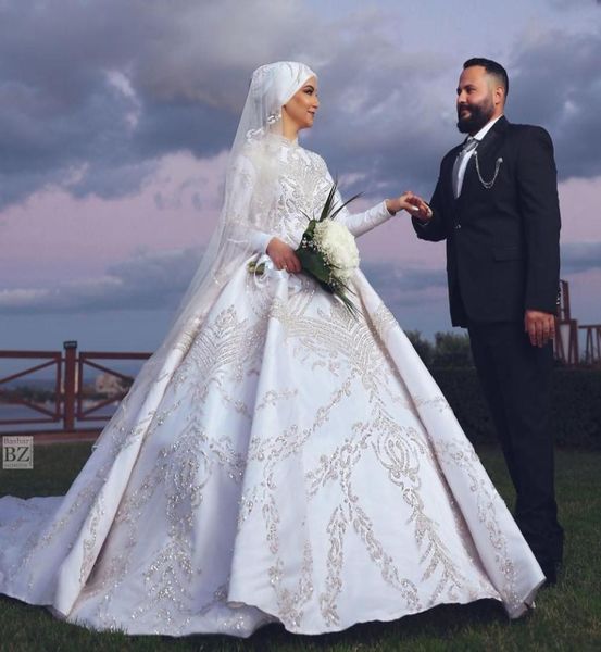 

luxury beading muslim wedding dress dubai arabic crystal long sleeve satin high neck bridal gowns custom made vestidos de novias1047237, White