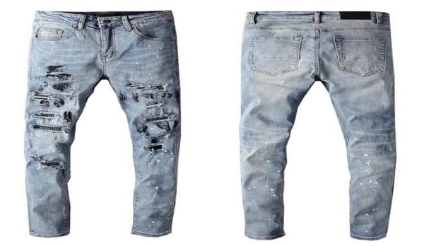 

mens jeans classic hip hop pants stylist jeans distressed ripped biker jean slim fit motorcycle denim jeans ly108333585, Blue