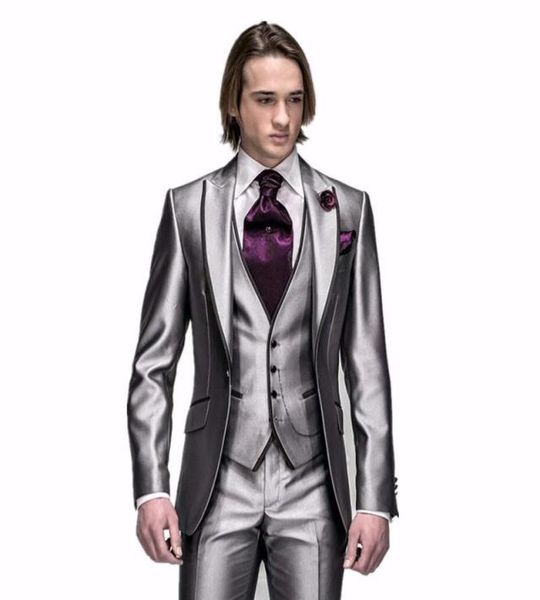 

2018 classic mens wedding suits custom made peak lapel men suits shiny sliver groom tuxedos groomsmen party suits jacketpantsv7300253, Black;gray
