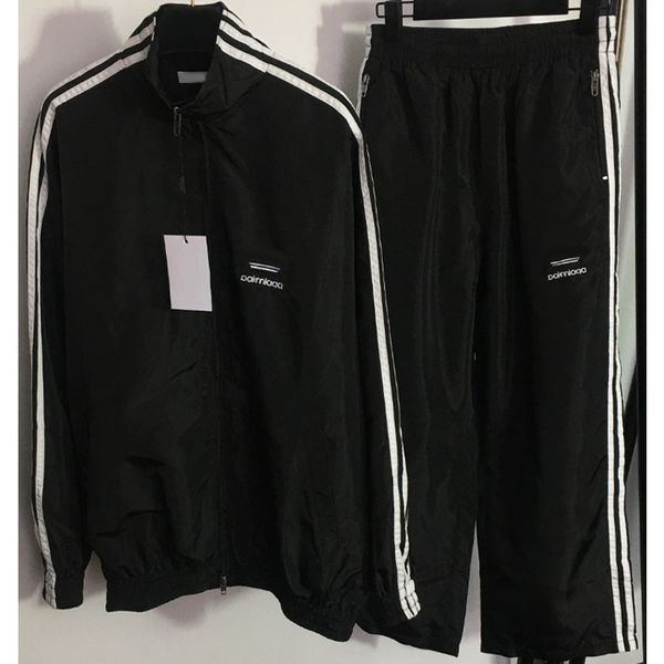 

8.6 fashion contrast color striped letter embroidery stand collar loose zipper jacket or high waist wide leg pants women's sets, White