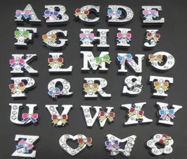 

260pcslot 8mm alloy slider rhinestone letter charms az with bowknot colorful6270735, Bronze;silver
