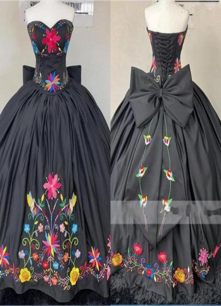 

2023 modest mexican embroidered evening dresses formal special occasion sweetheart satin corset back bow quinceanera dress sweet 13855507, Black;red