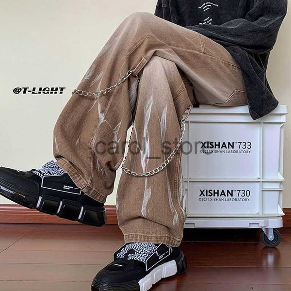 

men's jeans houzhou hip hop vintage distressed jeans pants men punk denim trousers male harajuku streetwear design loose casual retro c, Blue