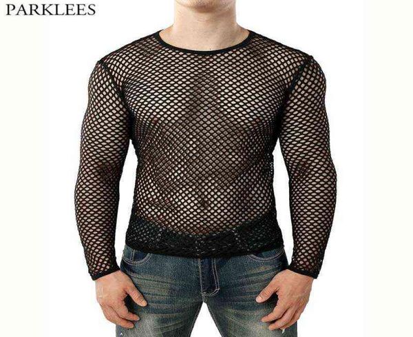 

mens transparent mesh t shirt 2021 new see through fishnet long sleeve muscle undershirts nightclub party perform tees g06452685, White;black