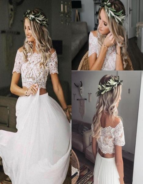 

two piece beach country style a line wedding dresses chiffon short sleeve boho lace bohemian bridal gowns wedding dress robes2178140, White