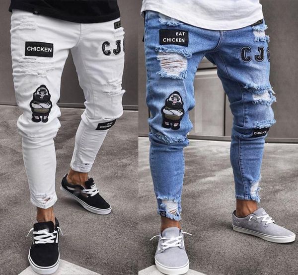 

high end jeans tightfitting hole cotton badges slim pencil feet slim fit white blue breathable comfortable7962943