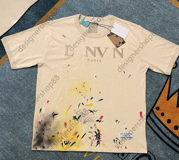 

trendy linvin x gdt-shirts loose fitting men's and women's beige splashed ink embroidery short sleeves high street tshirt designer, White