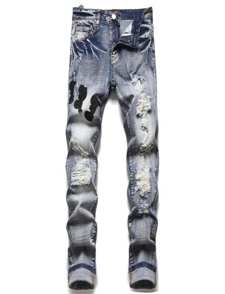 

men039s jeans 2021 european ripped hole patch trend stretch slim trousers highend versatile male denim pants3455275, Blue