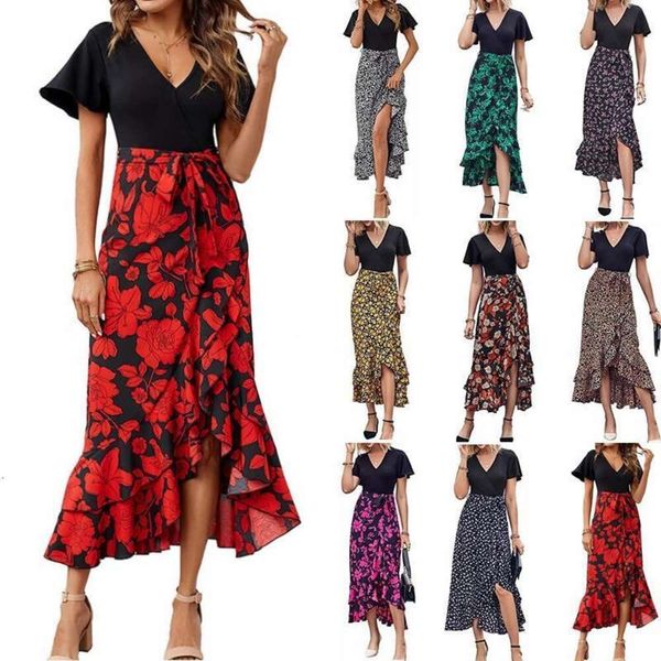 

womens v neck stitching hem irregular slit short sleeve printed dress, Black;gray