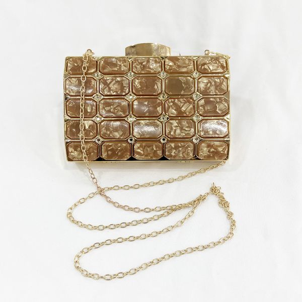 

Outlet factory women handbag elegant atmosphere studded clutch bag personality metal hard box dinner handbags Joker fashion acrylic chain bags 4266, Beige
