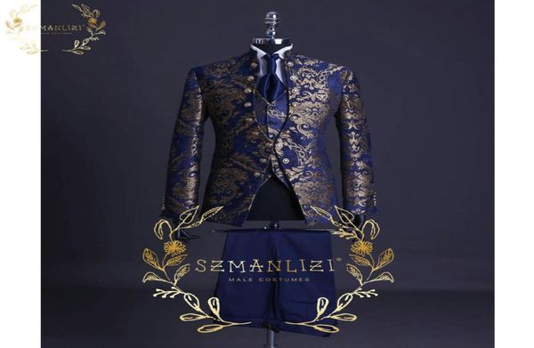

handsome blue gold floral rim stage men suit set stand collar mens wedding suits formal groom tuxedo costume jacket pants vest9552147, Black;gray