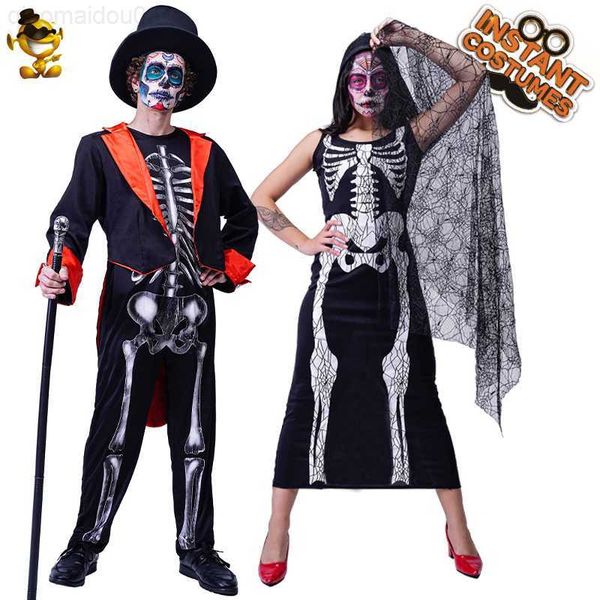 

theme costume qlq halloween come for women scary skeleton dress role playing men's skull bride groom jumpsuit cosplay purim comes l2308, Black;red