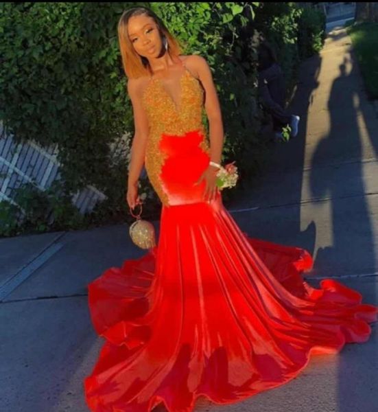 

red gold long mermaid prom dresses 2020 new sleeveless sweep train velvet halter neck formal evening dress party gowns4972155, Black