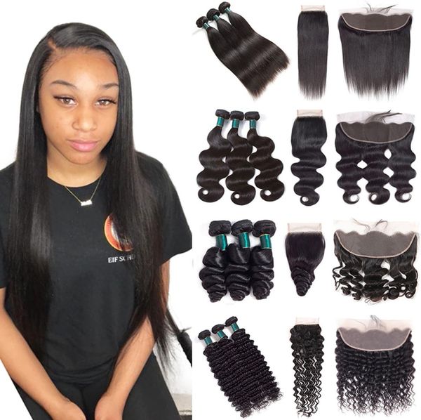 

10a brazilian remy human hair 3 bundles with 44 closure or 134 lace frontal straight body loose deep water wave cur3316570, Black