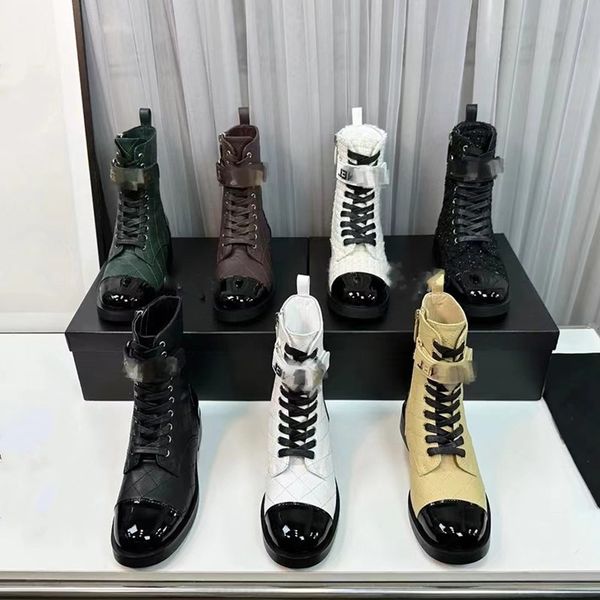 

quilted tweed channel combat boot real leather women ankle boots patent black cap toe lace up mid boots designer biker platform flats low he