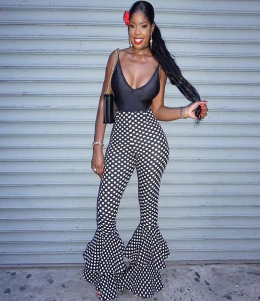 

women039s pants capris vintage streetwear bottoms women double ruffles polka dot flare trousers high waist female casual2152958, Black;white