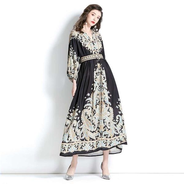 

womens spring resort v neck lantern sleeves print long dress clothing, Black;gray