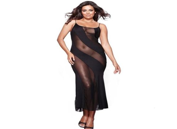 

nightgown women erotic lingerie dress sleepwear plus size 4xl 5xl 6xl strappy mesh long night dress nightwear sleepshirts y201715251, Black;red