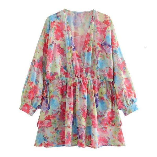 

summer style temperament v neck long sleeved floral layered loose short skirt dress for women, Black;gray