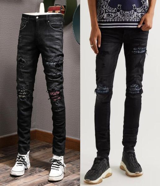 

plaid patches destroyed jeans damage hole wash pencil leg slim denim cotton men039s nice quality4637088, Blue