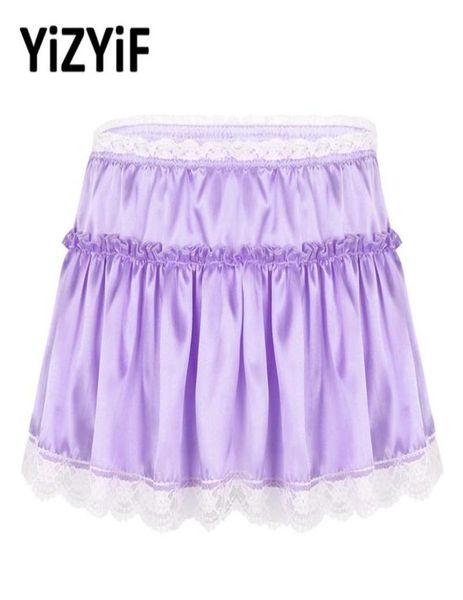 

men micro mini skirt smooth satin elastic high waist lace hem short frilly ruffled aline sissy panties fancy dress men0393403133