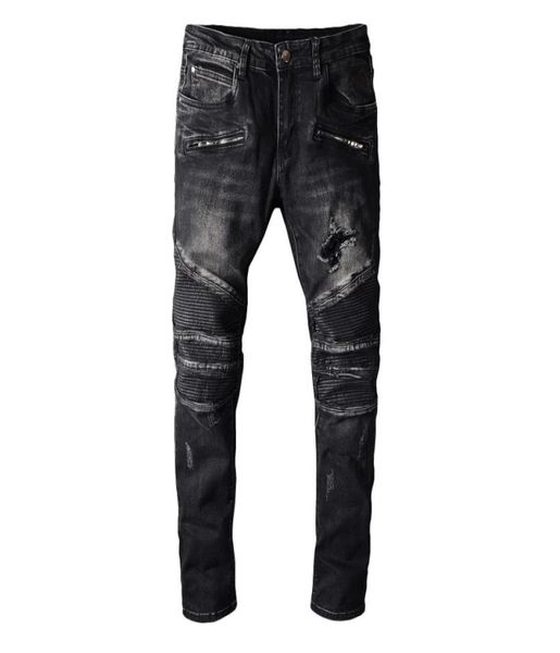 

mens distressed fold skinny black jeans fashion designer washed pleated panelled zipper slim fit motorcycle biker hip hop denim pa7744813, Blue