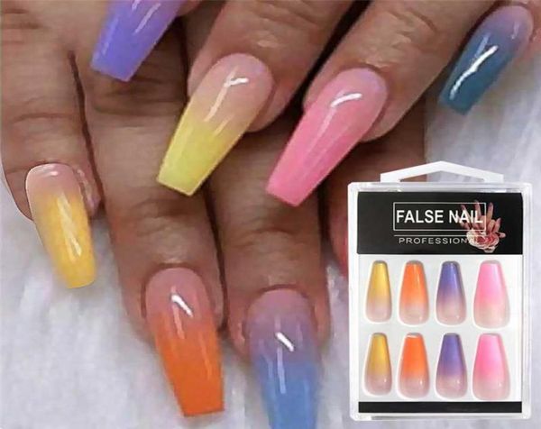 

20pcsset reusable false nail tips full cover rainbow gradient nail tips with designs press on nails art fake extension5032574, Red;gold