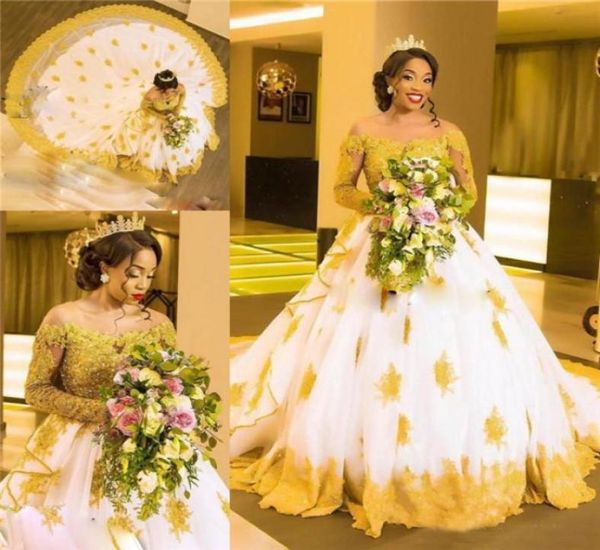 

beaded lace plus size african wedding dresses off the shoulder gold appliques ball gown wedding dress with long sleeves sheer brid1256450, White