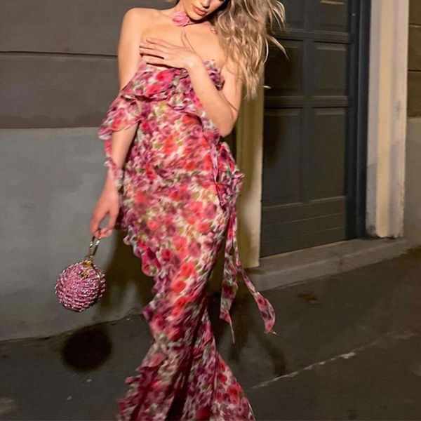 

sweet rural style summer flower print temperament ruffled hip figure fitting dress for women, Black;gray