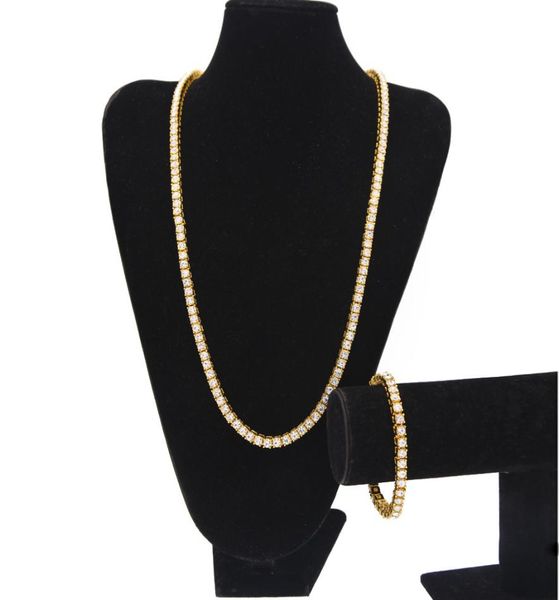 

iced out 1 row tennis chains jewelry sets men039s bling clear simulated diamond bracelet necklace set for women rapper hip hop 1211544, Silver
