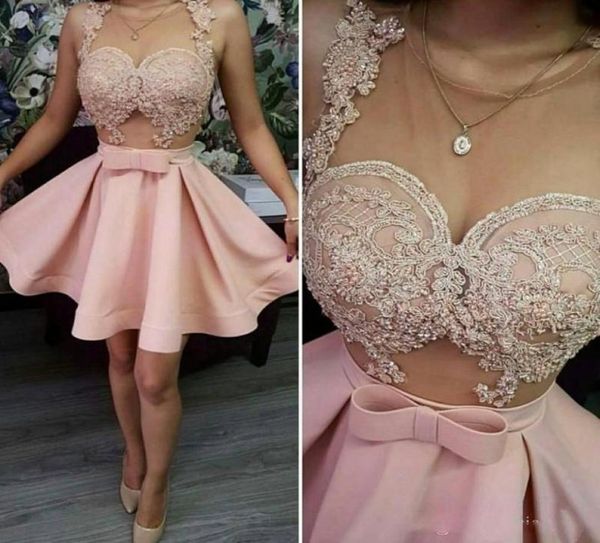 

pink homecoming dresses sheer neck lace appliques short prom dress see through cocktail party dress gowns3658124, Blue;pink