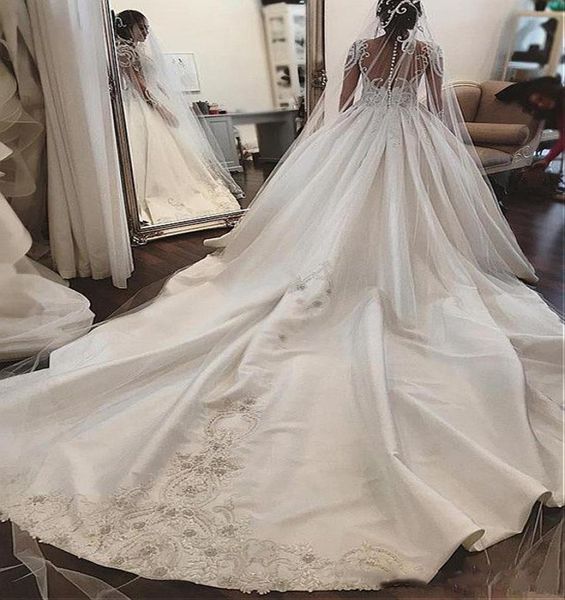 

2018 luxury arabic long train wedding dresses dubai long sleeves lace appliques bridal gowns vestidos de novia2265756, White