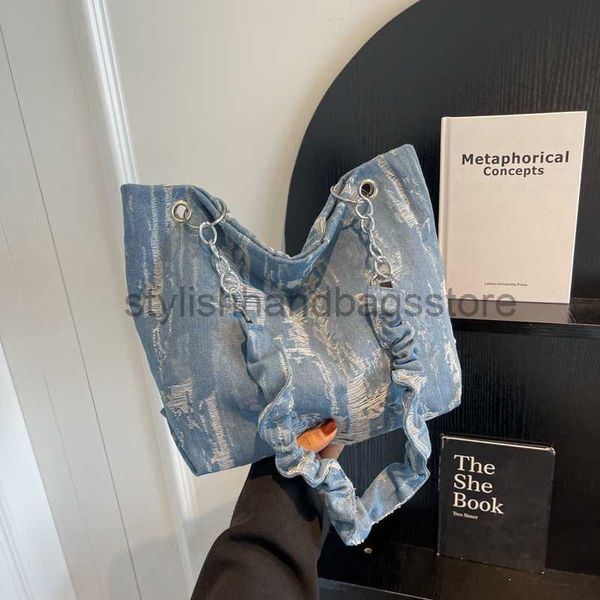 

totes women's bag 2023 new ink blue tote bag women's leisure bag large capacity denim pleated one shoulder handheld bagstylishhand
